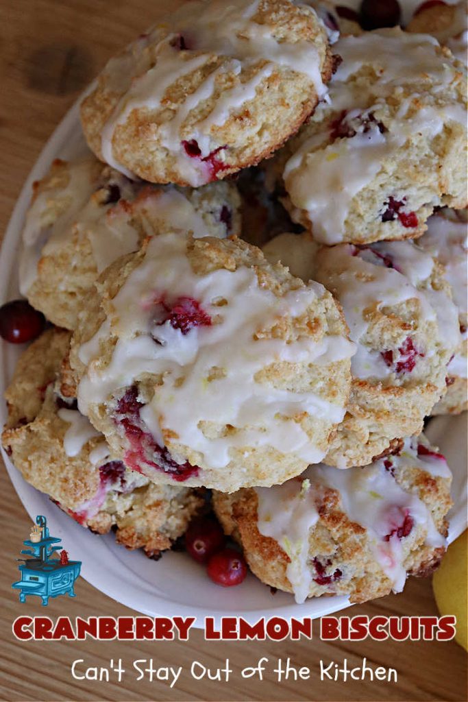 Cranberry Lemon Biscuits | Can't Stay Out of the Kitchen | these delicious sweet #biscuits are terrific for a #Thanksgiving or #Christmas #holiday #breakfast or #brunch menu. They're filled with fresh #cranberries, #LemonZest & #LemonYogurt. The #icing includes #LemonJuice & #Lemon zest. If you enjoy a sweet treat with your morning #coffee, #CranberryLemonBiscuits are the perfect accompaniment.