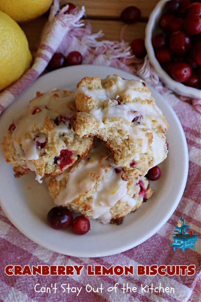 Cranberry Lemon Biscuits | Can't Stay Out of the Kitchen | these delicious sweet #biscuits are terrific for a #Thanksgiving or #Christmas #holiday #breakfast or #brunch menu. They're filled with fresh #cranberries, #LemonZest & #LemonYogurt. The #icing includes #LemonJuice & #Lemon zest. If you enjoy a sweet treat with your morning #coffee, #CranberryLemonBiscuits are the perfect accompaniment.