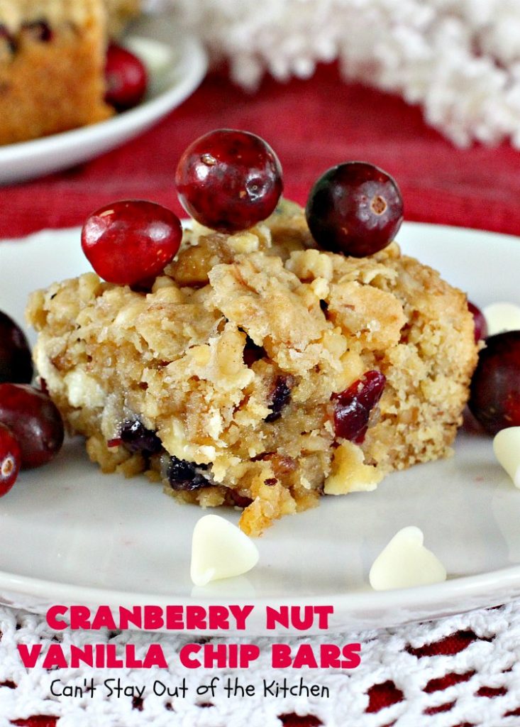 Cranberry Nut Vanilla Chip Bars | Can't Stay Out of the Kitchen | these amazing #brownies include dried #cranberries, Vanilla chips & #walnuts. They're terrific for #holiday & #Christmas parties. They're rich, decadent & heavenly. #Dessert #HolidayDessert #CranberryDessert #ChristmasCookie #ChristmasCookieExchange