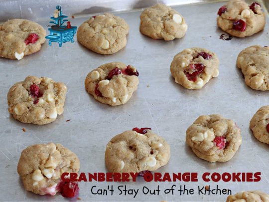 Cranberry Orange Cookies | Can't Stay Out of the Kitchen | these festive & beautiful #cookies are marvelous for #holiday #baking, #tailgating & office parties or a #ChristmasCookieExchange. They're filled with fresh #cranberries, #OrangeZest & #VanillaChips so they explode with flavor. They're a little tart & a little sweet! #dessert #CranberryDessert #CranberryOrangeCookies