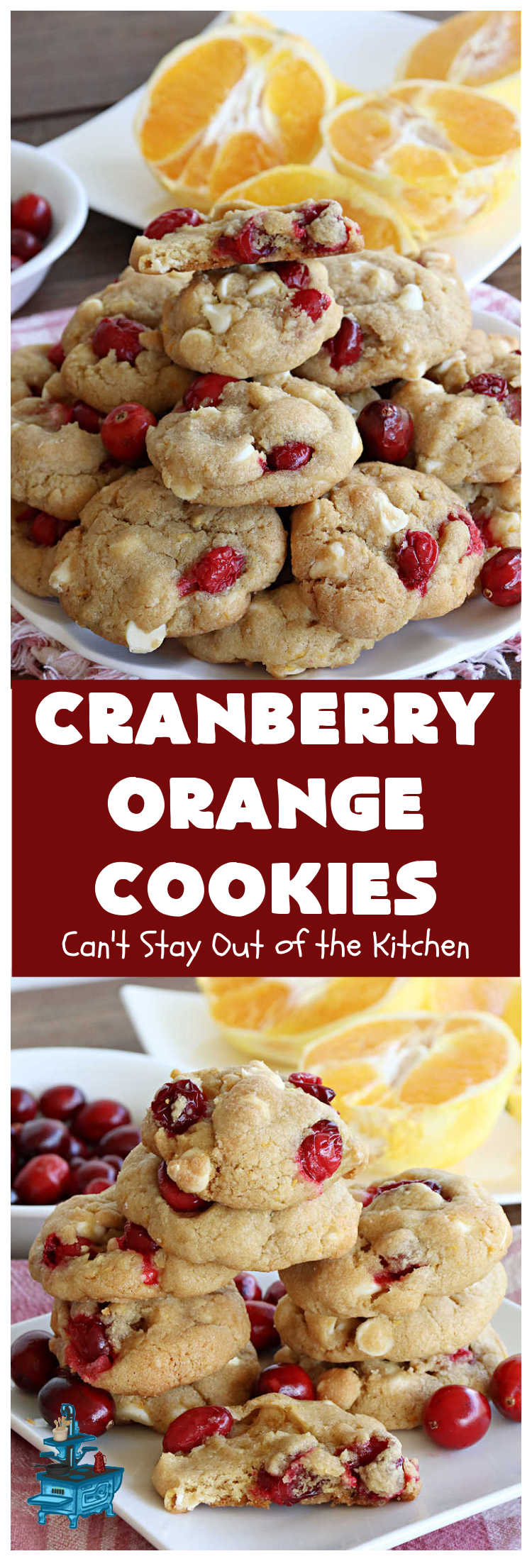Cranberry Orange Cookies | Can't Stay Out of the Kitchen | these festive & beautiful #cookies are marvelous for #holiday #baking, #tailgating & office parties or a #ChristmasCookieExchange. They're filled with fresh #cranberries, #OrangeZest & #VanillaChips so they explode with flavor. They're a little tart & a little sweet! #dessert #CranberryDessert #CranberryOrangeCookies