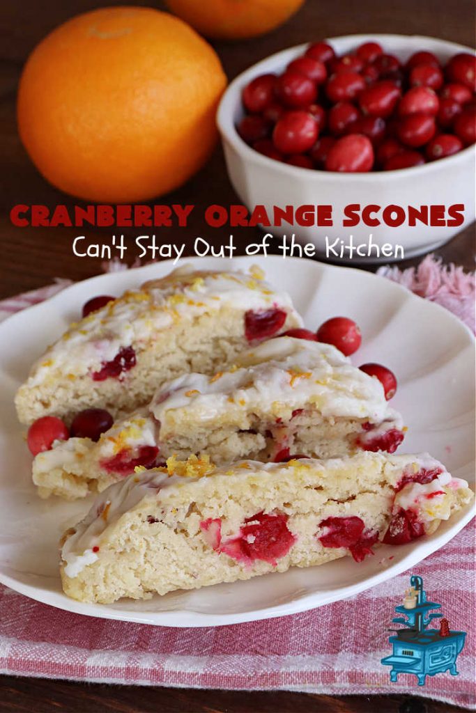 Cranberry Orange Scones | Can't Stay Out of the Kitchen | these luscious #scones have the most spectacular combination of flavors using fresh #cranberries, #OrangeZest & featuring a luscious #orange icing with more Orange Zest on top. They simply beg to be eaten! You'll be swooning after sinking your teeth into these amazing #CranberryOrangeScones. Great for a weekend, company or #holiday #breakfast or #brunch like #Thanksgiving, #Christmas, #NewYearsDay or #ValentinesDay.