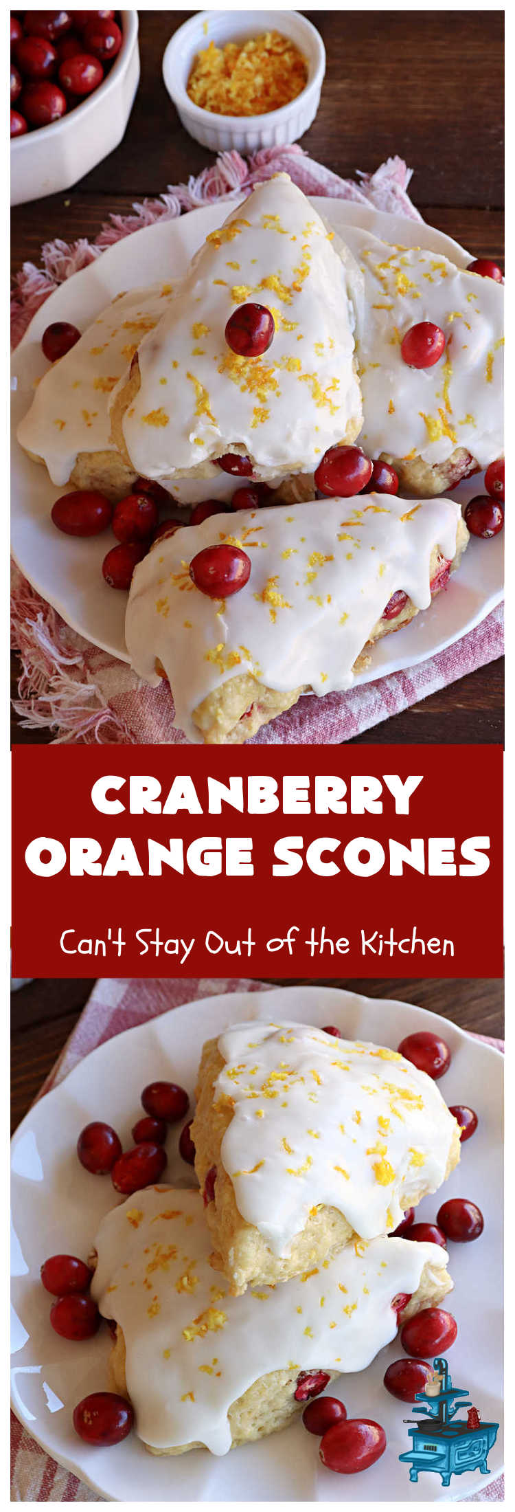Cranberry Orange Scones | Can't Stay Out of the Kitchen | these luscious #scones have the most spectacular  combination of flavors using fresh #cranberries, #OrangeZest & featuring a luscious #orange icing with more Orange Zest on top. They simply beg to be eaten! You'll be swooning after sinking your teeth into these amazing #CranberryOrangeScones. Great for a weekend, company or #holiday #breakfast or #brunch like #Thanksgiving, #Christmas, #NewYearsDay or #ValentinesDay.