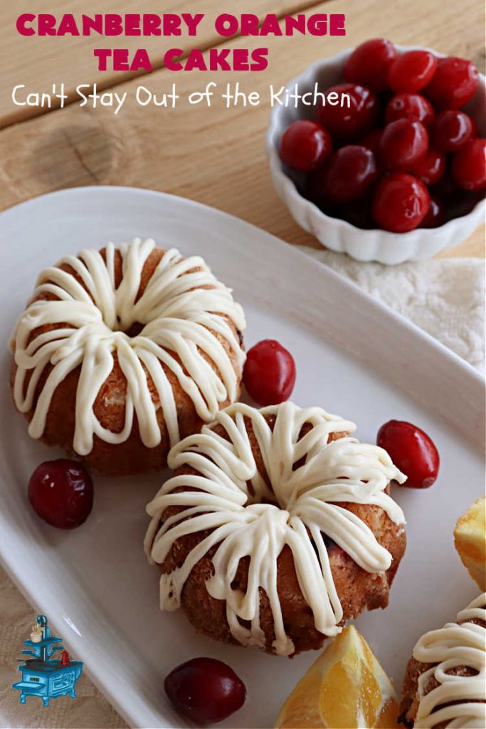 Cranberry Orange Tea Cakes | Can't Stay Out of the Kitchen | These delightful #TeaCakes include fresh #cranberries, grated #OrangeZest & #walnuts. The icing also includes #orange zest. This is the perfect #dessert to bring to #holiday & #Christmas parties. Everyone will swoon over these delicious treats. #HolidayDessert #CranberryDessert #CranberryOrangeTeaCakes