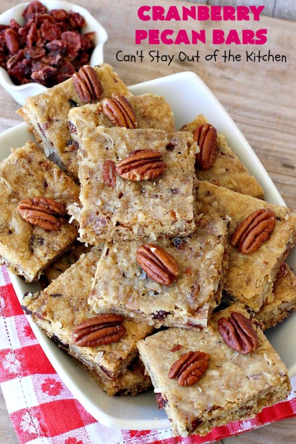 Cranberry Pecan Bars | Can't Stay Out of the Kitchen | these fantastic bar-type #cookies use dried #cranberries, #pecans & #coconut. They're crunchy, chewy & utterly irresistible. #dessert #tailgating #holiday #HolidayDessert #CranberryDessert #CranberryPecanBars