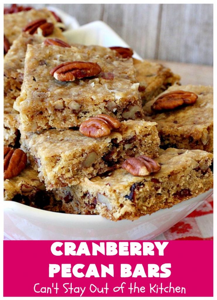 Cranberry Pecan Bars | Can't Stay Out of the Kitchen | these fantastic bar-type #cookies use dried #cranberries, #pecans & #coconut. They're crunchy, chewy & utterly irresistible. #dessert #tailgating #holiday #HolidayDessert #CranberryDessert #CranberryPecanBars