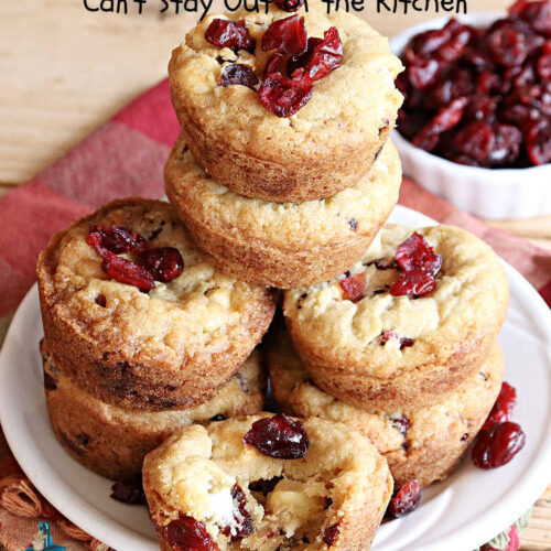 Cranberry White Chocolate Cookie Cups | Can't Stay Out of the Kitchen | these outrageous #CookieCups are rich, decadent and addictive! Every #cookie is filled with dried #cranberries & #WhiteChocolateChips & baked up in miniature #muffin tins. Great for #tailgating, potlucks or snacks anytime. #dessert #chocolate #CranberryDessert #CranberryWhiteChocolateCookieCups