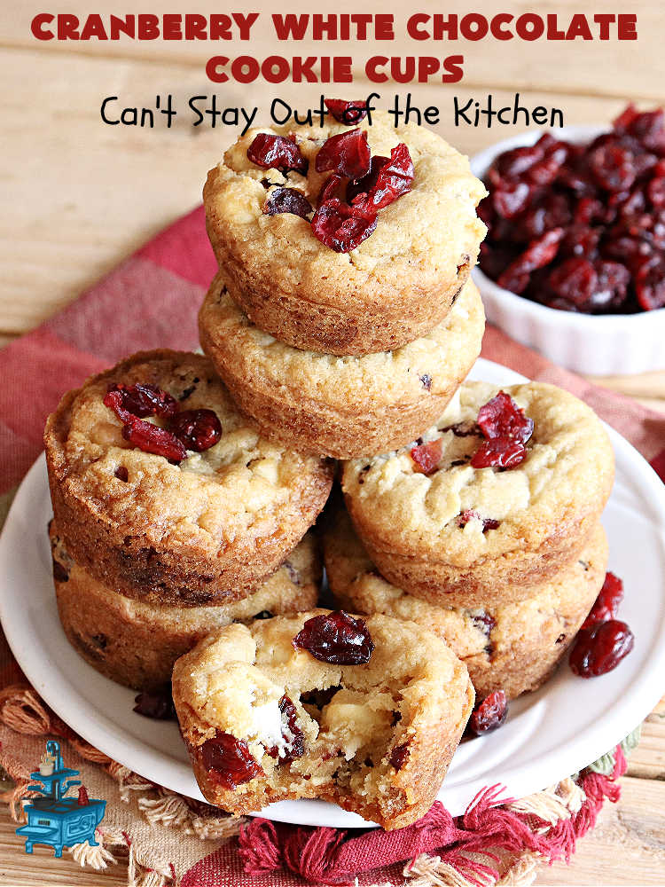 Cranberry White Chocolate Cookie Cups | Can't Stay Out of the Kitchen | these outrageous #CookieCups are rich, decadent and addictive! Every #cookie is filled with dried #cranberries & #WhiteChocolateChips & baked up in miniature #muffin tins. Great for #tailgating, potlucks or snacks anytime. #dessert #chocolate #CranberryDessert #CranberryWhiteChocolateCookieCups