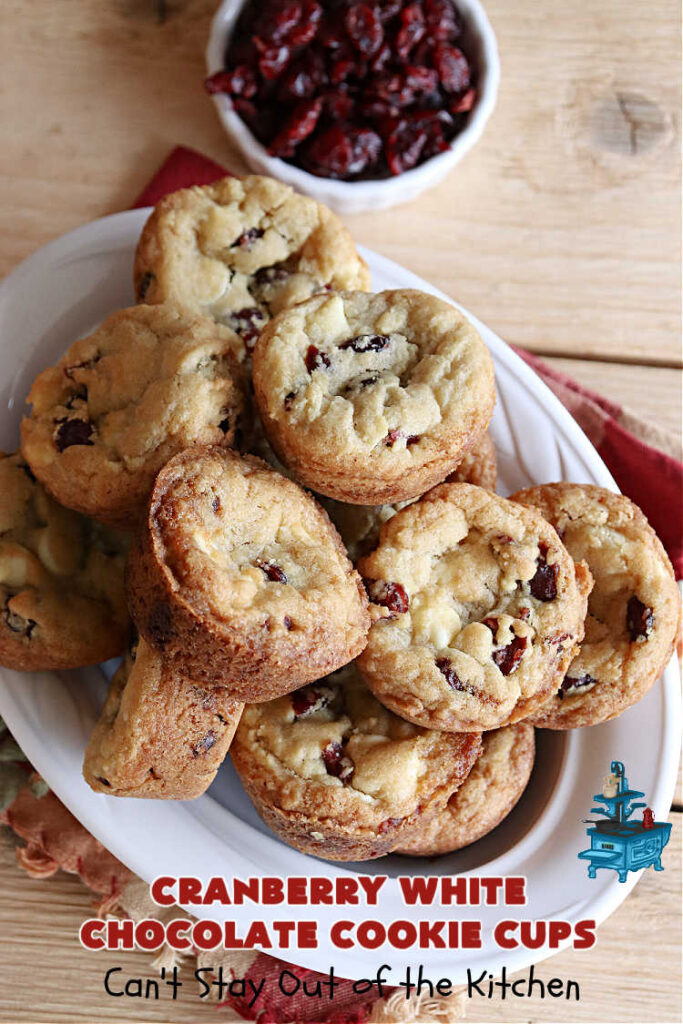 Cranberry White Chocolate Cookie Cups | Can't Stay Out of the Kitchen | these outrageous #CookieCups are rich, decadent and addictive! Every #cookie is filled with dried #cranberries & #WhiteChocolateChips & baked up in miniature #muffin tins. Great for #tailgating, potlucks or snacks anytime. #dessert #chocolate #CranberryDessert #CranberryWhiteChocolateCookieCups