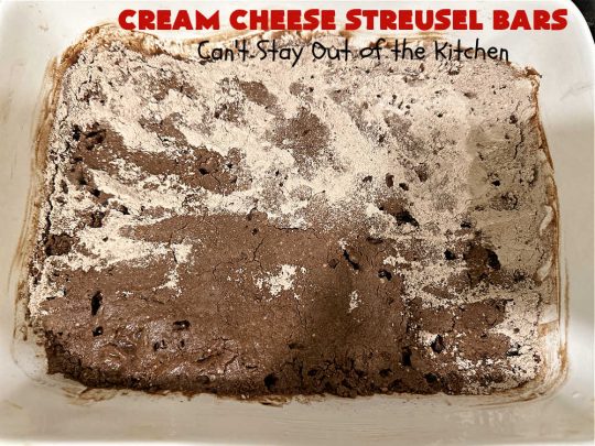 Cream Cheese Streusel Bars | Can't Stay Out of the Kitchen | You'll be captivated by every bite of these scrumptious bar-type #cookies. They have a #chocolate crust along with a #chocolate #streusel topping. The middle layer includes #CreamCheese & #SweetenedCondensedMilk. These rich, decadent, heavenly #brownies will rock your world! #tailgating #potluck #ChocolateDessert #CheesecakeDessert #CreamCheeseStreuselBars