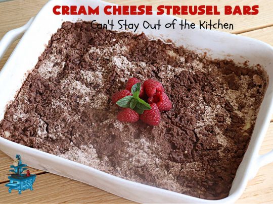 Cream Cheese Streusel Bars | Can't Stay Out of the Kitchen | You'll be captivated by every bite of these scrumptious bar-type #cookies. They have a #chocolate crust along with a #chocolate #streusel topping. The middle layer includes #CreamCheese & #SweetenedCondensedMilk. These rich, decadent, heavenly #brownies will rock your world! #tailgating #potluck #ChocolateDessert #CheesecakeDessert #CreamCheeseStreuselBars