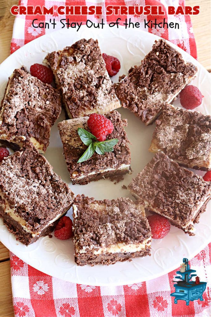 Cream Cheese Streusel Bars | Can't Stay Out of the Kitchen | You'll be captivated by every bite of these scrumptious bar-type #cookies. They have a #chocolate crust along with a #chocolate #streusel topping. The middle layer includes #CreamCheese & #SweetenedCondensedMilk. These rich, decadent, heavenly #brownies will rock your world! #tailgating #potluck #ChocolateDessert #CheesecakeDessert #CreamCheeseStreuselBars