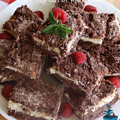 Cream Cheese Streusel Bars | Can't Stay Out of the Kitchen | You'll be captivated by every bite of these scrumptious bar-type #cookies. They have a #chocolate crust along with a #chocolate #streusel topping. The middle layer includes #CreamCheese & #SweetenedCondensedMilk. These rich, decadent, heavenly #brownies will rock your world! #tailgating #potluck #ChocolateDessert #CheesecakeDessert #CreamCheeseStreuselBars