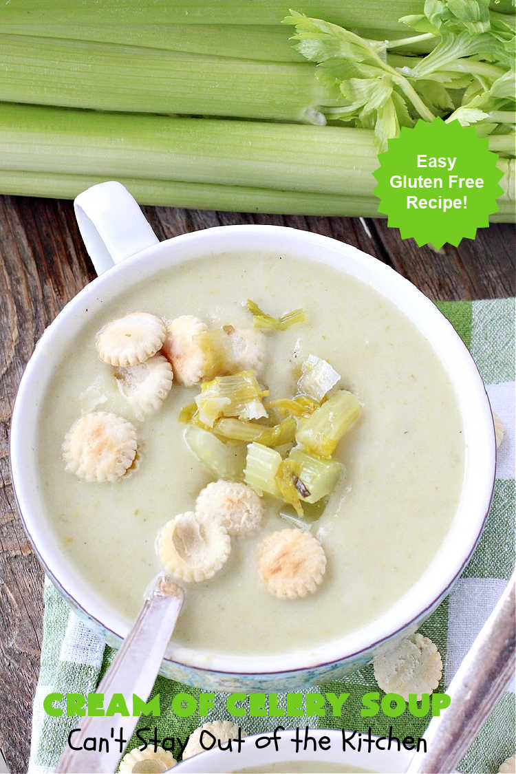 Cream of Celery Soup | Can't Stay Out of the Kitchen | this delicious #GooseberryPatch #recipe uses #potatoes to thicken the #soup so it's healthier & #GlutenFree. This is great for cool, winter nights, but also fantastic re-heated for lunches. #celery #CreamOfCelerySoup