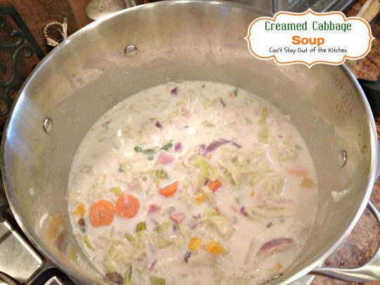 Creamed Cabbage Soup | Can't Stay Out of the Kitchen | this tasty #soup is filled with #cabbage, #ham and other #veggies. #glutenfree