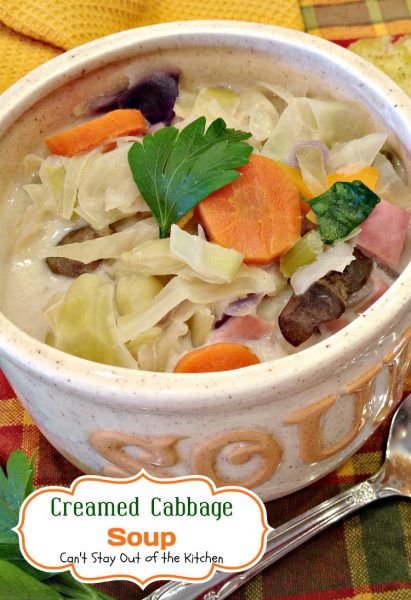 Creamed Cabbage Soup | Can't Stay Out of the Kitchen | this tasty #soup is filled with #cabbage, #ham and other #veggies. #glutenfree