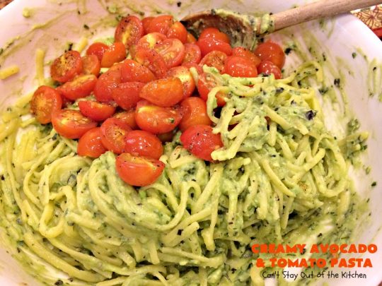 Creamy Avocado and Tomato Pasta | Can't Stay Out of the Kitchen | this easy and delightful #pasta #recipe is utterly amazing. The #Basil & #avocado sauce makes this dish fantastic. It also includes #tomatoes, #PineNuts & #ParmesanCheese. This is totally awesome for #MeatlessMondays or on days when you're short on time. I used #GlutenFree #noodles but you can use any kind. #cheese #GlutenFreeMainDish #CreamyAvocadoAndTomatopasta