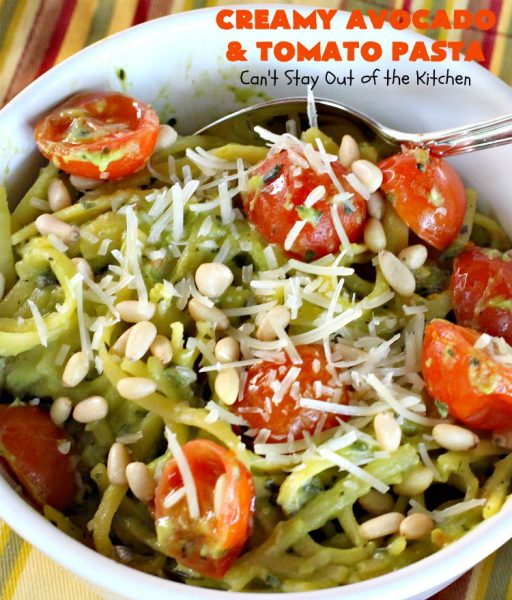 Creamy Avocado and Tomato Pasta | Can't Stay Out of the Kitchen | this easy and delightful #pasta #recipe is utterly amazing. The #Basil & #avocado sauce makes this dish fantastic. It also includes #tomatoes, #PineNuts & #ParmesanCheese. This is totally awesome for #MeatlessMondays or on days when you're short on time. I used #GlutenFree #noodles but you can use any kind. #cheese #GlutenFreeMainDish #CreamyAvocadoAndTomatopasta