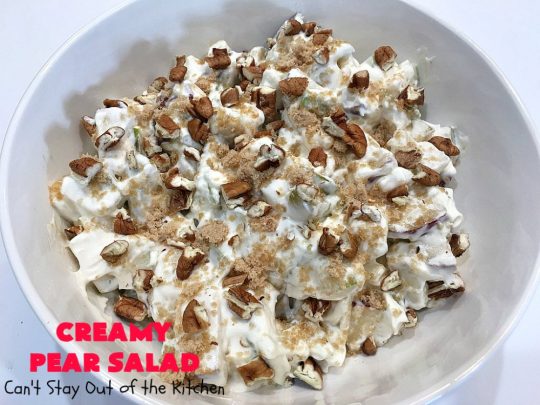 Creamy Pear Salad | Can't Stay Out of the Kitchen | this delectable #fruit #salad is so quick & easy to make up. It's terrific for company or #holiday dinners like #Thanksgiving or #Christmas since it can be made in advance. #pears #CreamCheese #salad #CreamyPearSalad