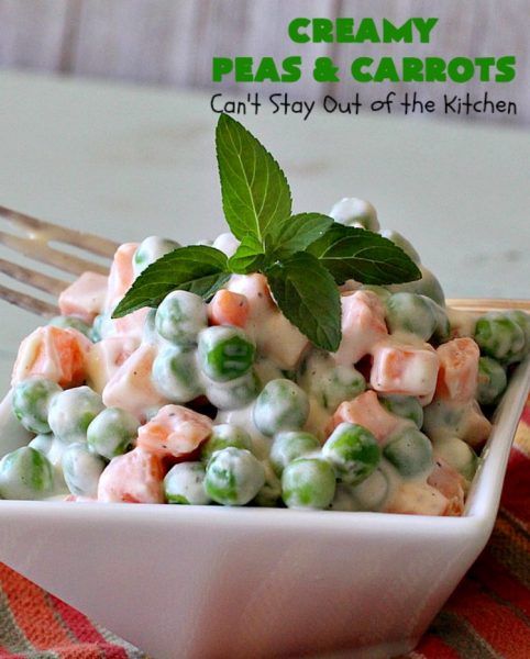 Creamy Peas and Carrots | Can't Stay Out of the Kitchen | this quick & easy #recipe can be ready to serve in 10 minutes! It's mouthwatering & sumptuous. It's also wonderful for weeknight meals when you're in a hurry. Great for #holiday dinners like #Thanksgiving or #Christmas too. #Peas #carrots #GlutenFree #CreamyPeasAndCarrots #HolidaySideDish #GlutenFreeSideDish #CreamCheese