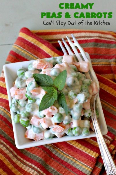 Creamy Peas and Carrots | Can't Stay Out of the Kitchen | this quick & easy #recipe can be ready to serve in 10 minutes! It's mouthwatering & sumptuous. It's also wonderful for weeknight meals when you're in a hurry. Great for #holiday dinners like #Thanksgiving or #Christmas too. #Peas #carrots #GlutenFree #CreamyPeasAndCarrots #HolidaySideDish #GlutenFreeSideDish #CreamCheese