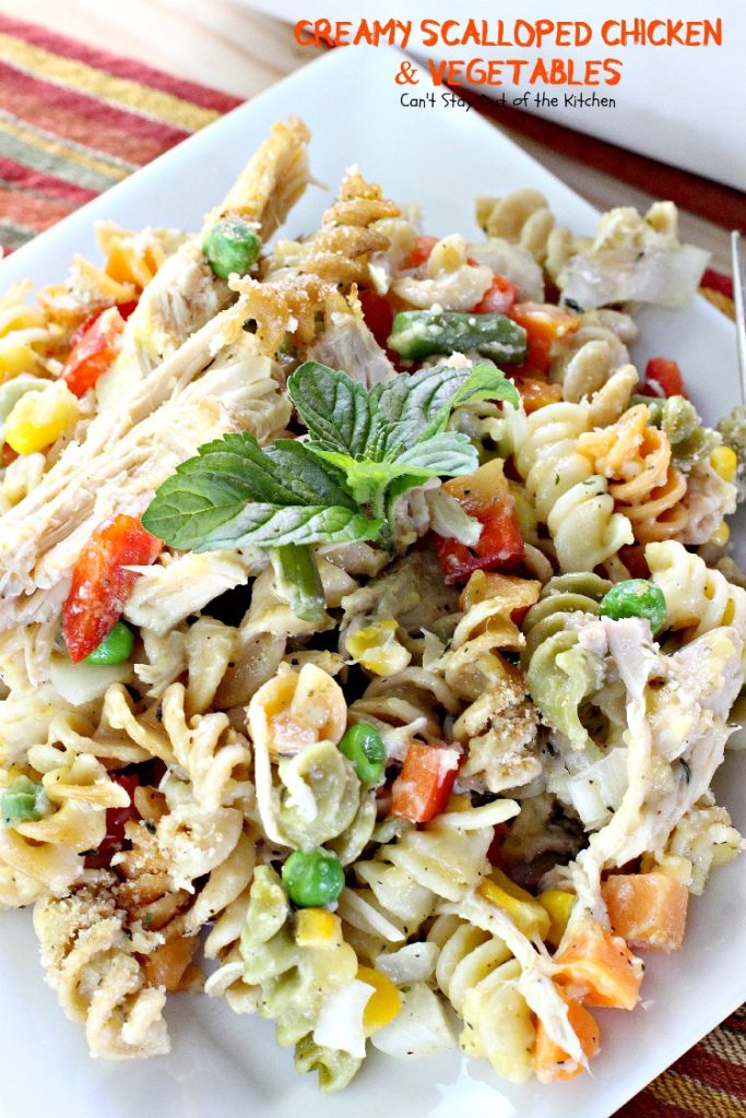 Creamy Scalloped Chicken and Vegetables | Can't Stay Out of the Kitchen | this wonderful #chicken #casserole makes 2 large dishes. Eat one now and freeze one for later! #freezermeal #pasta #veggies