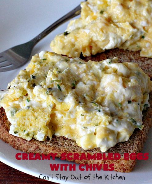Creamy Scrambled Eggs with Chives | Can't Stay Out of the Kitchen | this outstanding #GooseberryPatch #recipe is marvelous for a weekend, company or #holiday #breakfast. #ScrambledEggs are filled with #CreamCheese & chives. Then served over toast. These creamy #eggs are easy to prepare & so delicious. #brunch #HolidayBreakfast #CreamyScrambledEggsWithChives