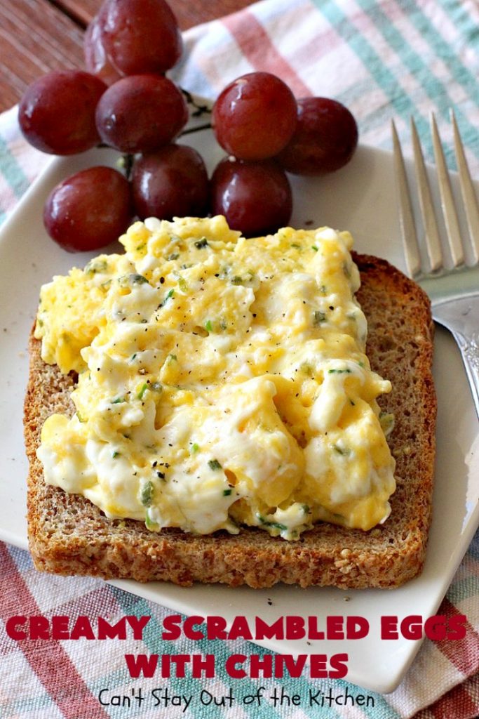 Creamy Scrambled Eggs with Chives | Can't Stay Out of the Kitchen | this outstanding #GooseberryPatch #recipe is marvelous for a weekend, company or #holiday #breakfast. #ScrambledEggs are filled with #CreamCheese & chives. Then served over toast. These creamy #eggs are easy to prepare & so delicious. #brunch #HolidayBreakfast #CreamyScrambledEggsWithChives