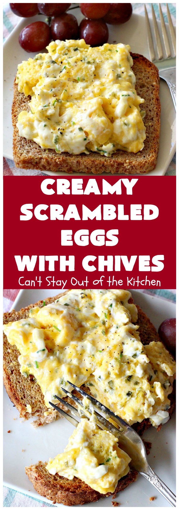 Creamy Scrambled Eggs with Chives | Can't Stay Out of the Kitchen | this outstanding #GooseberryPatch #recipe is marvelous for a weekend, company or #holiday #breakfast.  #ScrambledEggs are filled with #CreamCheese & chives. Then served over toast. These creamy #eggs are easy to prepare & so delicious. #brunch #HolidayBreakfast #CreamyScrambledEggsWithChives