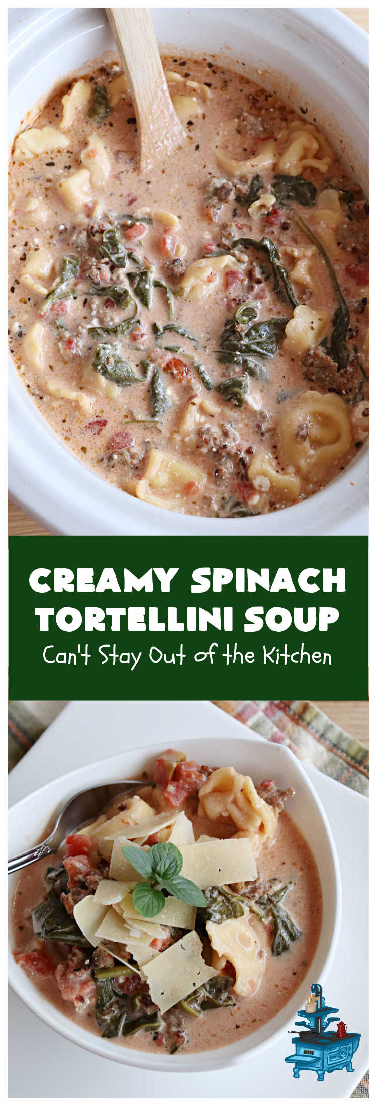 Creamy Spinach Tortellini Soup | Can't Stay Out of the Kitchen | this fantastic #soup uses only about a handful of ingredients but it cooks up into one of the most delicious #ComfortFood #recipes ever! This mouthwatering soup is so easy since it's made in the #SlowCooker! Great for cool nights or lunches. #spinach #tortellini #tomatoes #CreamCheese #ItalianSausage #pork #CreamySpinachTortelliniSoup