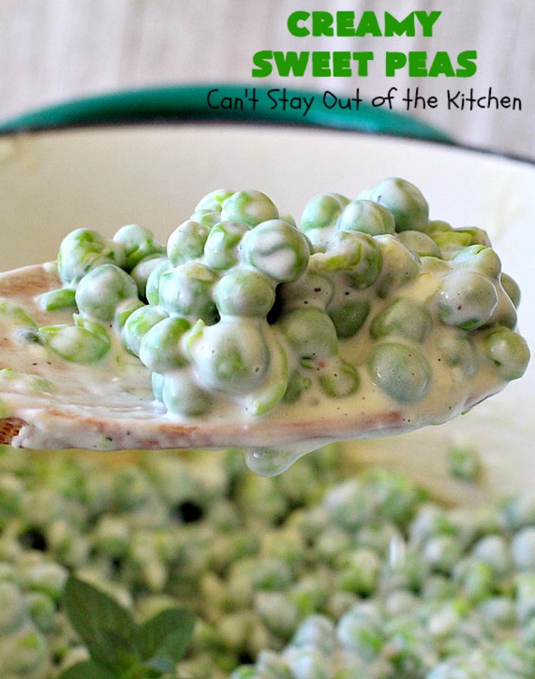 Creamy Sweet Peas | Can't Stay Out of the Kitchen | this fantastic #SideDish can be made up in about 10 minutes. It's so quick & easy for weeknight meals when you're pressed for time. It's also a great side for company or #holiday meals like #Christmas or #Thanksgiving. #GlutenFree #Peas #CreamedSweetPeas #CreamCheese