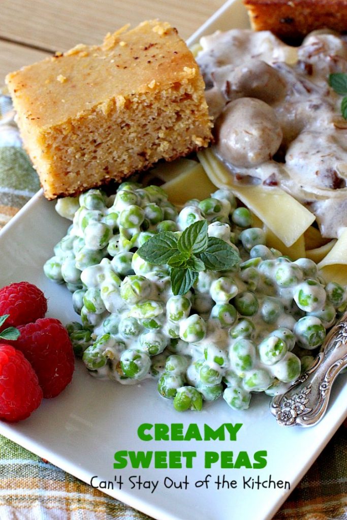 Creamy Sweet Peas | Can't Stay Out of the Kitchen | this fantastic #SideDish can be made up in about 10 minutes. It's so quick & easy for weeknight meals when you're pressed for time. It's also a great side for company or #holiday meals like #Christmas or #Thanksgiving. #GlutenFree #Peas #CreamedSweetPeas #CreamCheese