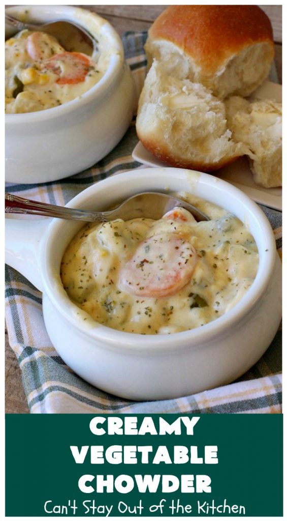 Creamy Vegetable Chowder | Can't Stay Out of the Kitchen | this thick and delicious #chowder is hearty, satisfying and so filling on cold, winter nights. Great comfort food meal. Also wonderful served in bread bowls. #corn #cheese #carrots #asparagus #GreenBeans #soup #CreamyVegetableChowder