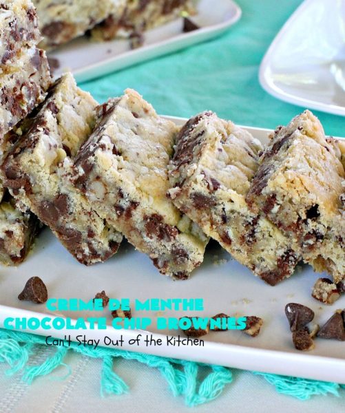 Creme De Menthe Chocolate Chip Brownies | Can't Stay Out of the Kitchen | these spectacular #brownies are #chocolate on steroids! They are rich, decadent and so heavenly. Every bite is filled with #ChocolateChips & #Andes #CremeDeMenthe baking chips. Delightful for #tailgating parties or #ChristmasCookieExchanges. #dessert #ChocolateDessert #MintDessert #CremeDeMentheDessert #Holiday #AndesCremeDeMentheBakingChips #HolidayDessert