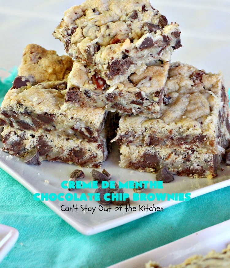 Creme De Menthe Chocolate Chip Brownies | Can't Stay Out of the Kitchen | these spectacular #brownies are #chocolate on steroids! They are rich, decadent and so heavenly. Every bite is filled with #ChocolateChips & #Andes #CremeDeMenthe baking chips. Delightful for #tailgating parties or #ChristmasCookieExchanges. #dessert #ChocolateDessert #MintDessert #CremeDeMentheDessert #Holiday #AndesCremeDeMentheBakingChips #HolidayDessert