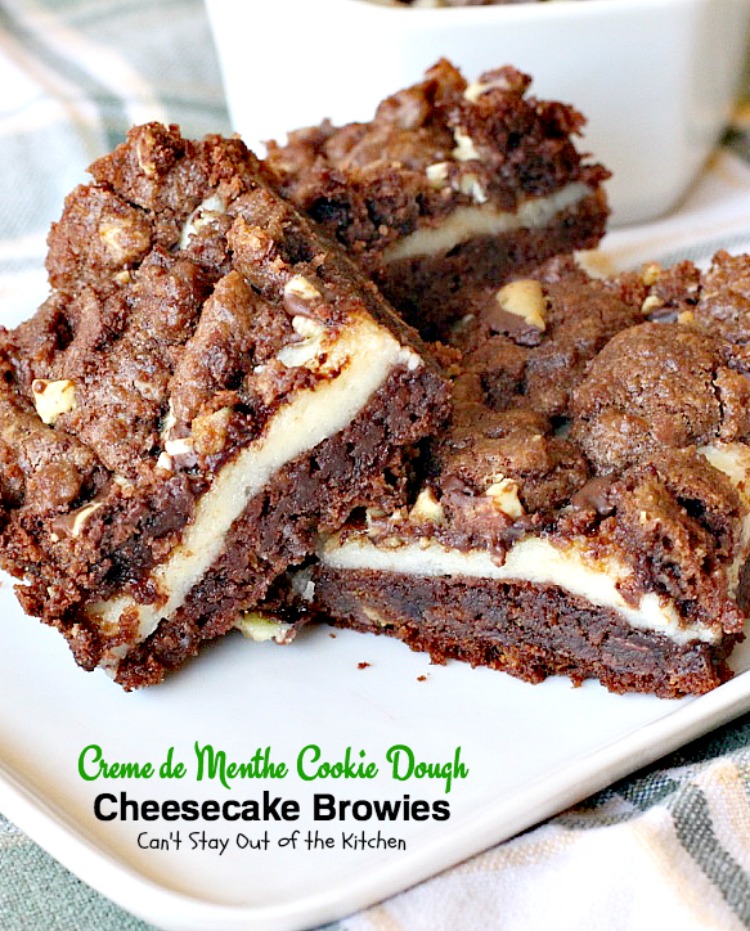 Creme de Menthe Cookie Dough Cheesecake Brownies | Can't Stay Out of the Kitchen | these scrumptious #brownies are to die for! They have a luscious #cheesecake layer and are filled with #cremedementhe baking chips for a delectable minty taste. Love these. #dessert