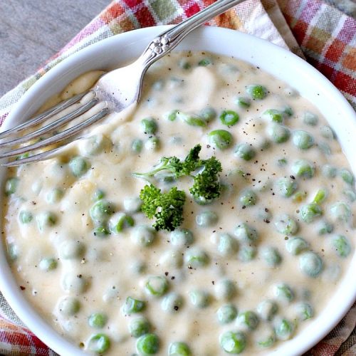 Creole Peas in Cheese Sauce | Can't Stay Out of the Kitchen | this wonderful #sidedish is flavored with #Creole seasoning & #cheddarcheese. It takes less than 10 minutes to make so it's perfect for #holiday or company dinners. #peas #vegetable