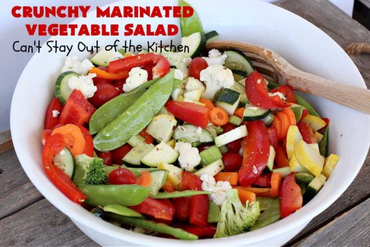 Crunchy Marinated Vegetable Salad | Can't Stay Out of the Kitchen | this #healthy & delicious #salad is #vegan, #GlutenFree, #LowCalorie & terrific for a company dinner. It's lasts several days in the refrigerator so it's great for lunches too. #MarinatedVegetableSalad #CrunchyMarinatedVegetableSalad #tomatoes #broccoli #cauliflower #Zucchini #carrots #SnowPeas #HendricksonsOriginalOliveOilAndSweetVinegarSaladDressingCrunchy Marinated Vegetable Salad | Can't Stay Out of the Kitchen | this #healthy & delicious #salad is #vegan, #GlutenFree, #LowCalorie & terrific for a company dinner. It's lasts several days in the refrigerator so it's great for lunches too. #MarinatedVegetableSalad #CrunchyMarinatedVegetableSalad #tomatoes #broccoli #cauliflower #Zucchini #carrots #SnowPeas #HendricksonsOriginalOliveOilAndSweetVinegarSaladDressing