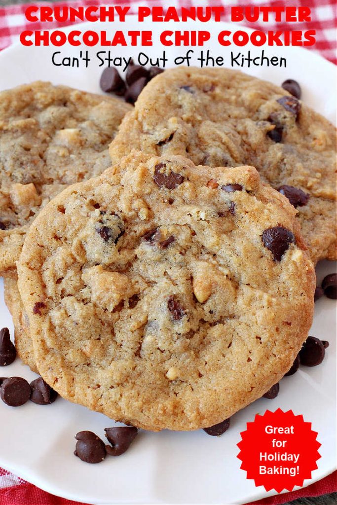 Crunchy Peanut Butter Chocolate Chip Cookies | Can't Stay Out of the Kitchen | these amazing whopper-sized #PeanutButterCookies contain #ChocolateChips making them some of the best #ChocolateChipCookies ever! They're terrific for #holiday parties or a #ChristmasCookieExchange. #chocolate #PeanutButter #PeanutButterDessert #ChocolateDessert #dessert #HolidayDessert #CrunchyPeanutButterChocolateChipCookies