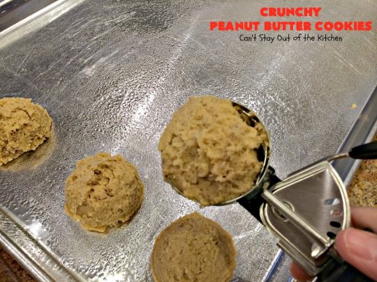 Crunchy Peanut Butter Cookies | Can't Stay Out of the Kitchen | these luscious whopper-sized #PeanutButterCookies are fantastic. Every bite will knock your socks off. Plus they're easy to make & turn out perfectly each time. #tailgating #cookies #PeanutButter #dessert #PeanutButterDessert #CrunchyPeanutButterCookies