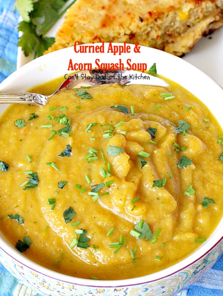 Curried Apple and Acorn Squash Soup | Can't Stay Out of the Kitchen | this mildly hot & spicy #soup is so delicious. #Apples & #acornsquash make it an incredibly tasty comfort food.