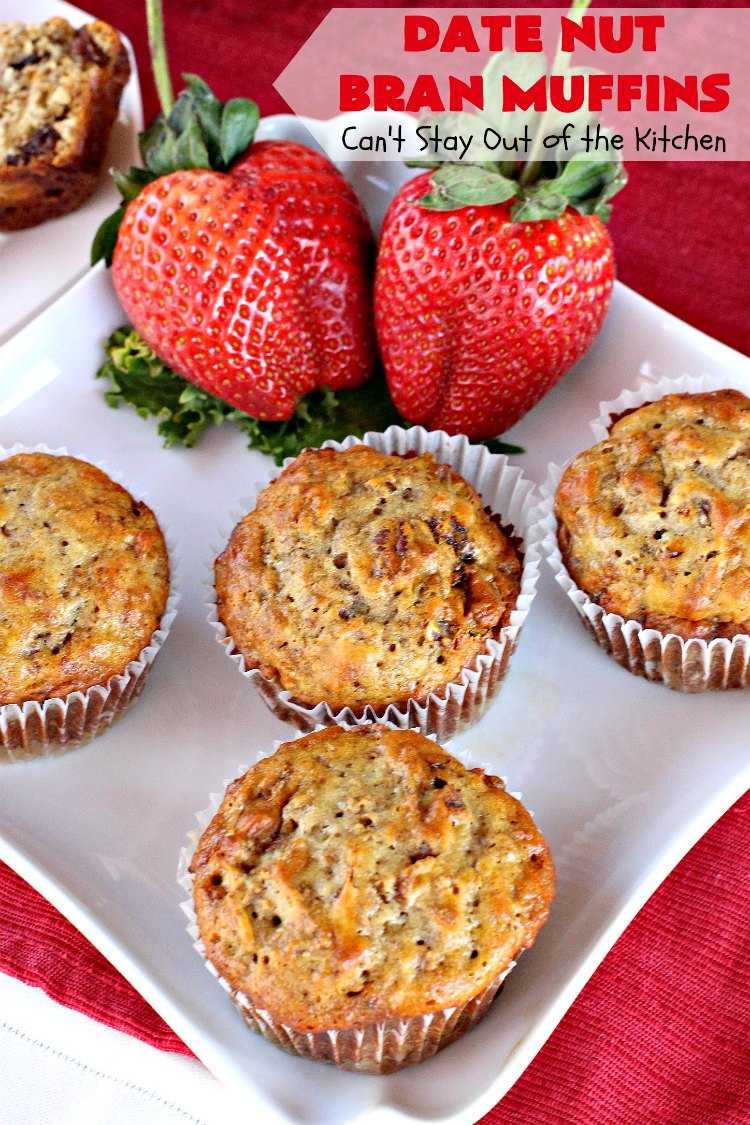 Date Nut Bran Muffins | Can't Stay Out of the Kitchen | this fantastic #BranMuffin batter can stay refrigerated for up to 6 weeks! You can have fresh homemade #muffins without all the fuss and enjoy them weekly. These are great to make for company, #holidays or when you're cooking for a crowd. Every bite is heavenly. #AllBran #BranFlakes #dates #pecans #breakfast #DateNutBranMuffins #HolidayBreakfast #Thanksgiving #fall #Christmas #FallBaking #baking #recipe