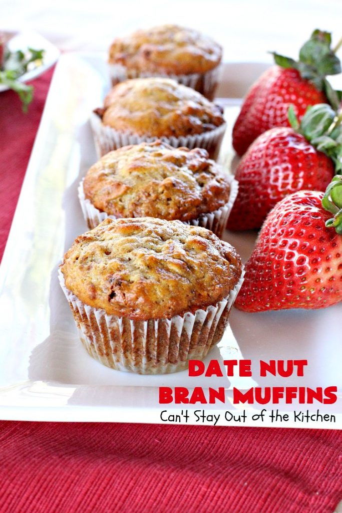 Date Nut Bran Muffins | Can't Stay Out of the Kitchen | this fantastic #BranMuffin batter can stay refrigerated for up to 6 weeks! You can have fresh homemade #muffins without all the fuss and enjoy them weekly. These are great to make for company, #holidays or when you're cooking for a crowd. Every bite is heavenly. #AllBran #BranFlakes #dates #pecans #breakfast #DateNutBranMuffins #HolidayBreakfast #Thanksgiving #fall #Christmas #FallBaking #baking #recipe