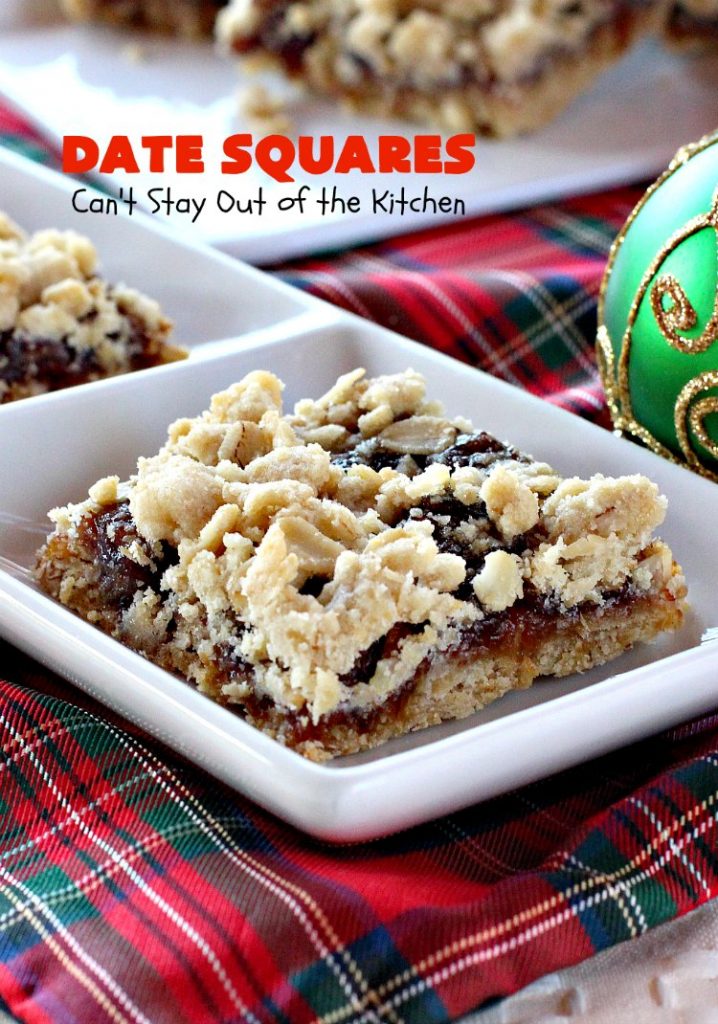 Date Squares | Can't Stay Out of the Kitchen | these classic #Christmas #cookies are wonderful for #holiday #baking. They're also terrific for #ChristmasCookieExchanges. Everyone loves them. #dates #dessert #ChristmasDessert #HolidayDessert