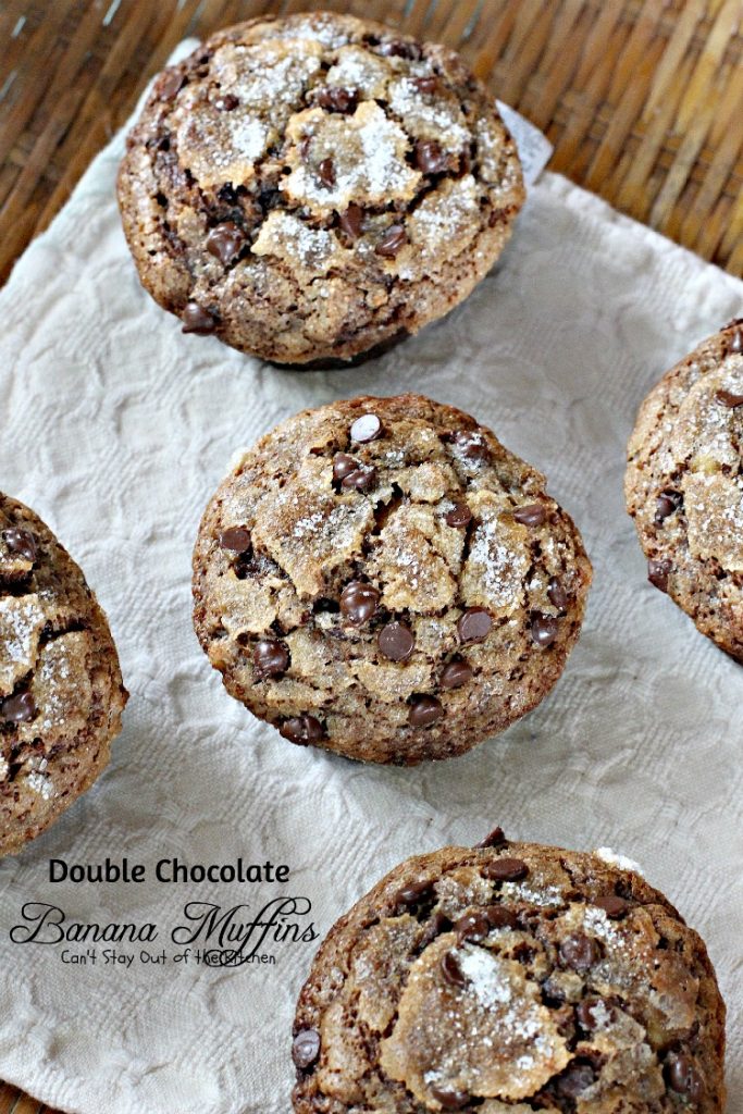 Double Chocolate Banana Muffins | Can't Stay Out of the Kitchen | these fabulous #breakfast #muffins have double the #chocolate flavor and sprinkled with sugar.