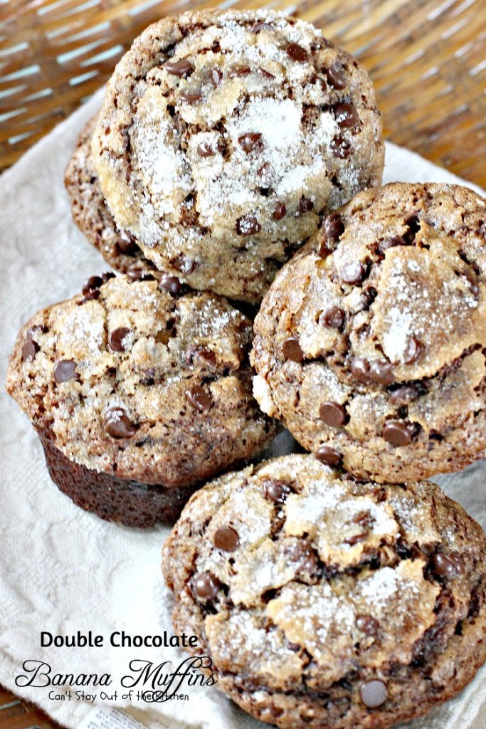 Double Chocolate Banana Muffins | Can't Stay Out of the Kitchen | these fabulous #breakfast #muffins have double the #chocolate flavor and sprinkled with sugar.