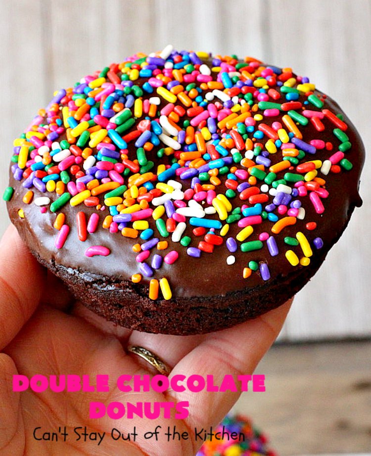 Double Chocolate Donuts | Can't Stay Out of the Kitchen | these #chocolate #donuts are irresistible & perfect for a #holiday #breakfast like #Thanksgiving, #Christmas or #NewYearsDay. The chocolate icing & #sprinkles make them heavenly. #chocolatedonuts #holidaybreakfast #ChristmasBreakfast #ThanksgivingBreakfast 