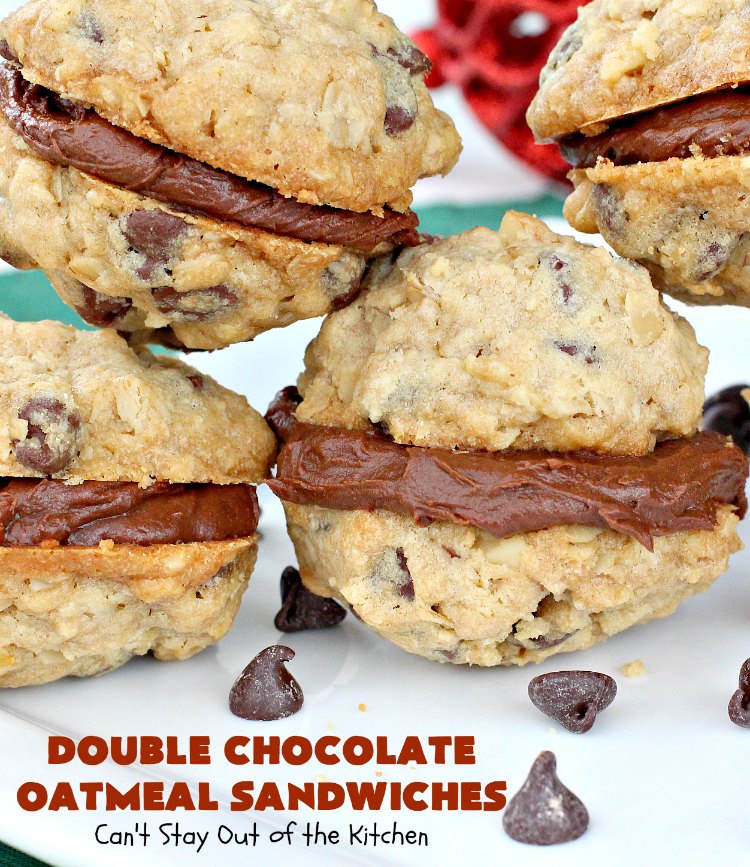 Double Chocolate Oatmeal Cookies | Can't Stay Out of the Kitchen | these spectacular #OatmealCookies feature #ChocolateChips in the #cookies and a #chocolate #fudge frosting sandwiched between to die for! Amazing #dessert for #holiday #ChristmasCookie baking. #ChristmasCookieExchange #FallBaking #DoubleChocolateOatmealSandwiches #ChocolateFudgeFrosting #HolidayDessert