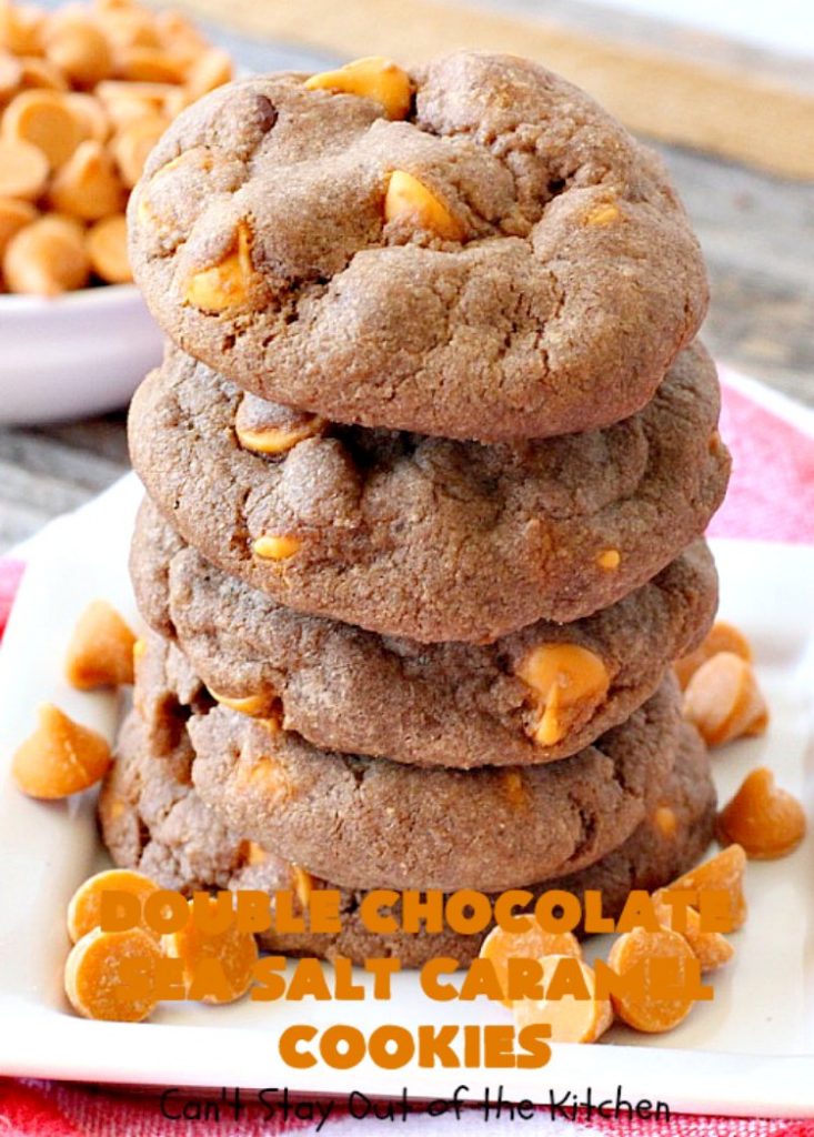 Double Chocolate Sea Salt Caramel Cookies | Can't Stay Out of the Kitchen | these are the best sea salt #caramel #cookies ever! This cookie has both cocoa & #chocolate chips in the batter. They are so rich & decadent you won't be able to stop at just one! #dessert