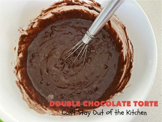 Double Chocolate Torte | Can't Stay Out of the Kitchen | #DoubleChocolateTorte is so rich & decadent, no one will believe it uses only 5 ingredients! The #recipe includes a #brownie box mix & has a #chocolate #ganache made from #ChocolateChips. #WhippedCream or #CoolWhip tops it off beautifully. Great #dessert for company, #holidays or potlucks. #ChocolateDessert #5IngredientRecipe #FiveIngredientDessert #ChocolateTorte